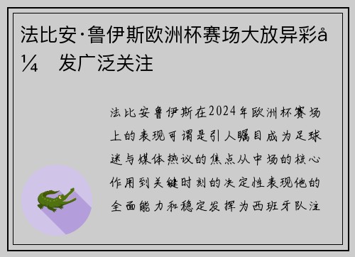 法比安·鲁伊斯欧洲杯赛场大放异彩引发广泛关注 法比安·鲁伊斯欧洲杯赛场大放异彩引发广泛关注